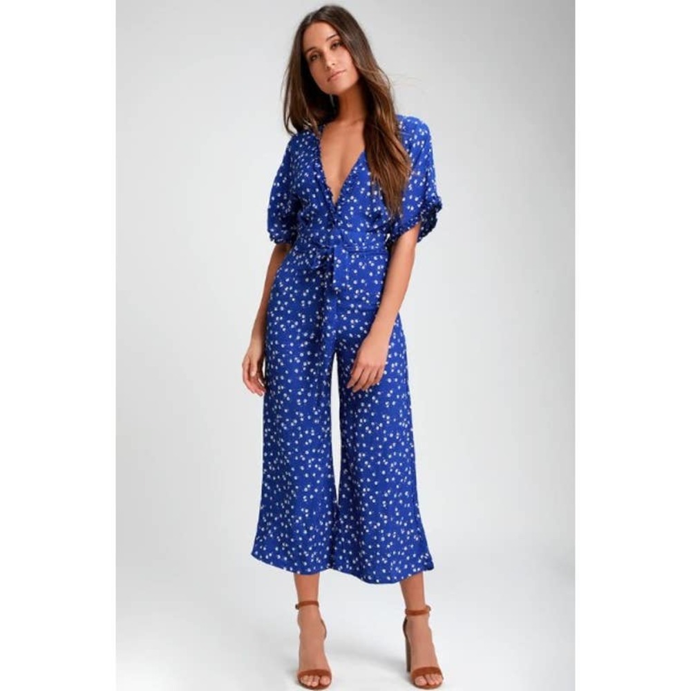 Faithfull the Brand La Villa Jumpsuit 4 Floral Print Wide Leg V-Neck Cobalt Blue